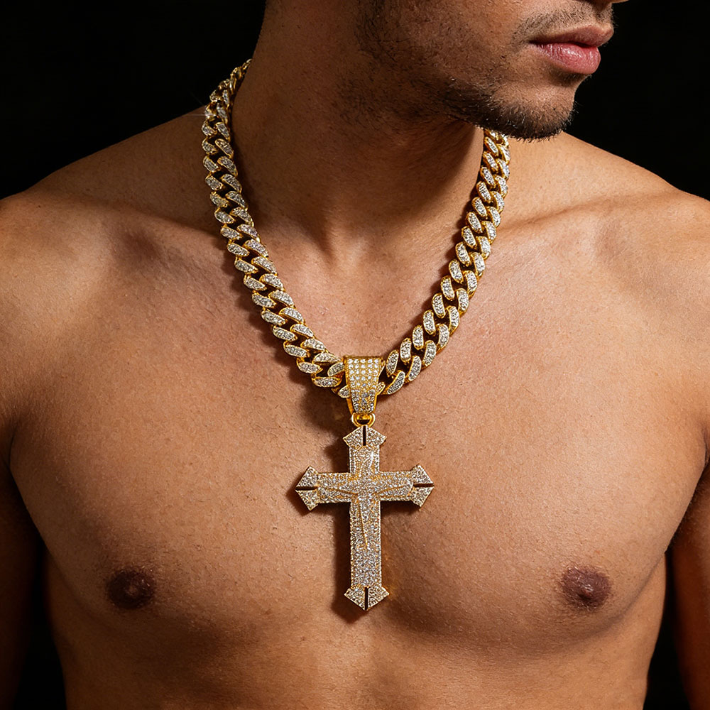 Dual Tone Cross Cuban Necklace, Protection & Divine Faith Energy Talisman
