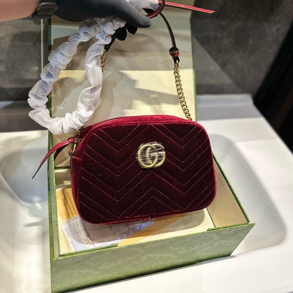 Gucci Small Gg Marmont Camera Bag Velvet Wine Red 23Cm