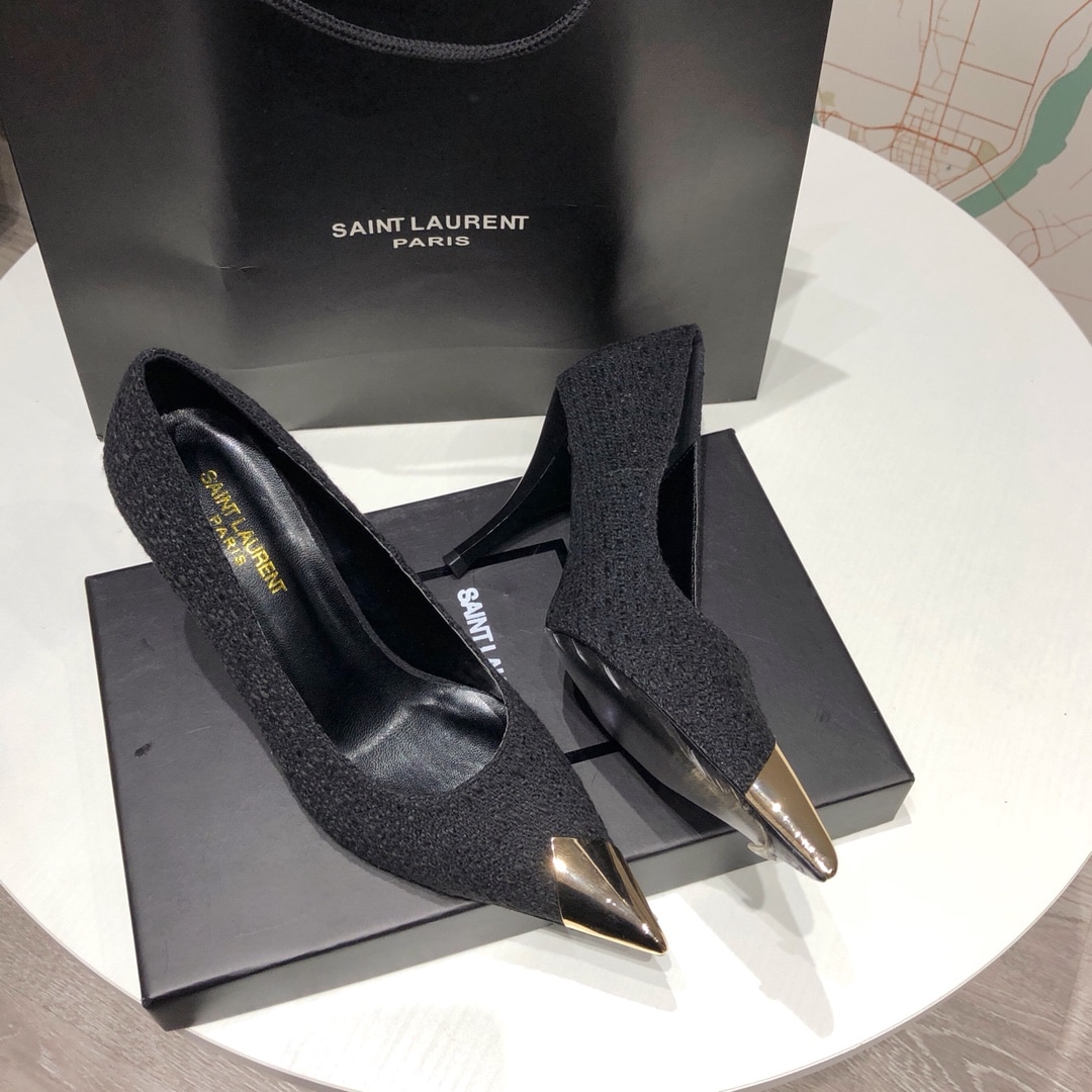 Saint Laurent Vesper Leather Trimmed Bouclé Pumps Black