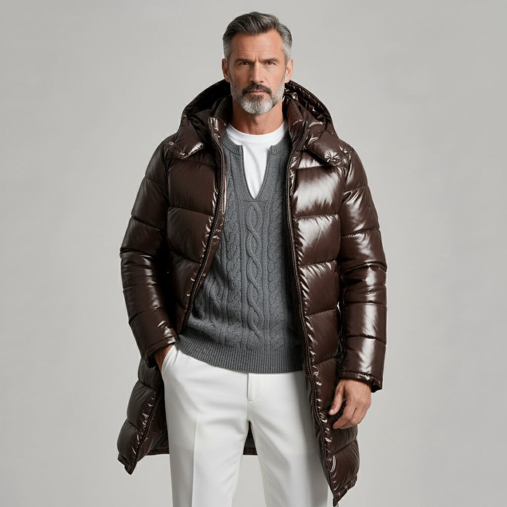 Men's Coffee Long Sleeve Zipper Hooded PU Patent Leather Quilted Puffer Coat