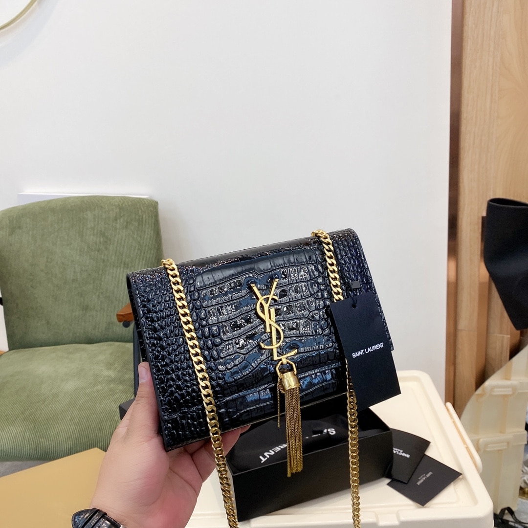 Saint Laurent Kate Medium With Tassel In Shiny Crocodile Embossed Leather Black 22Cm 354119Aaay14083