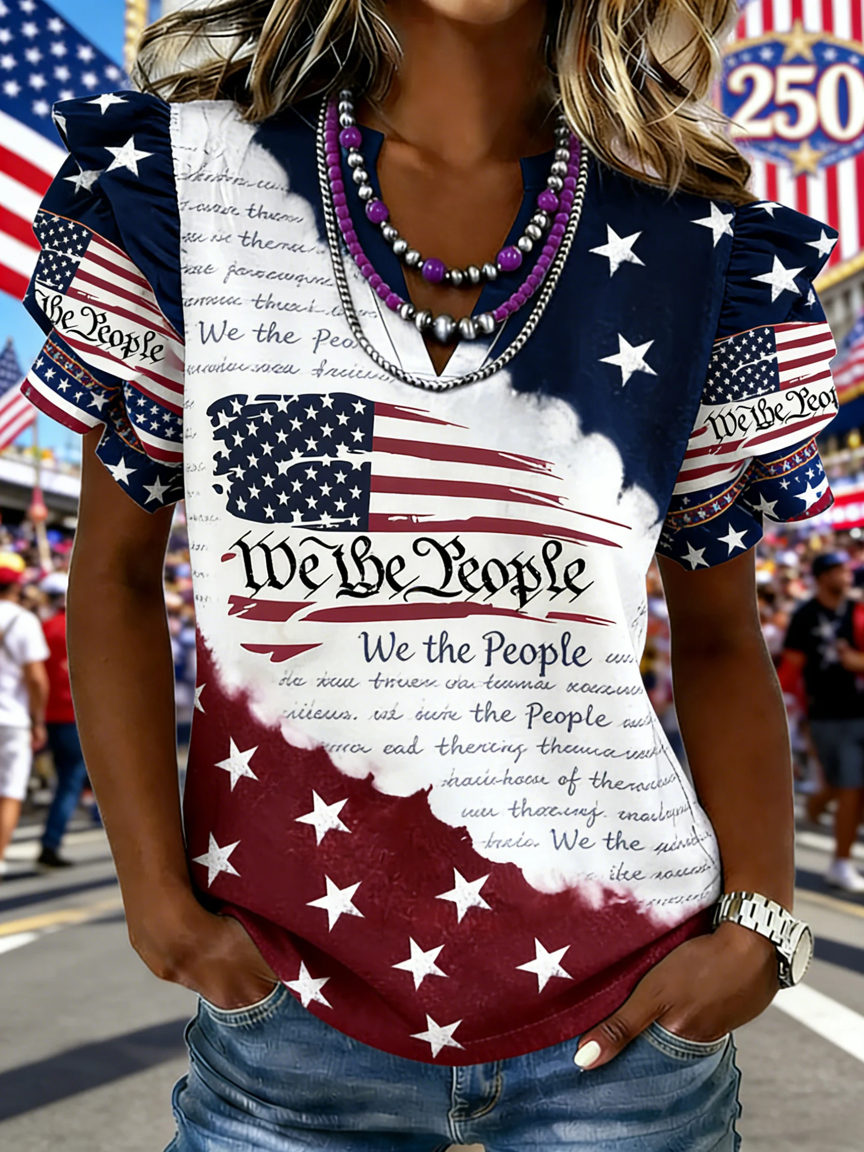 Women's patriotic 250th anniversary printed flag ruffled sleeve top