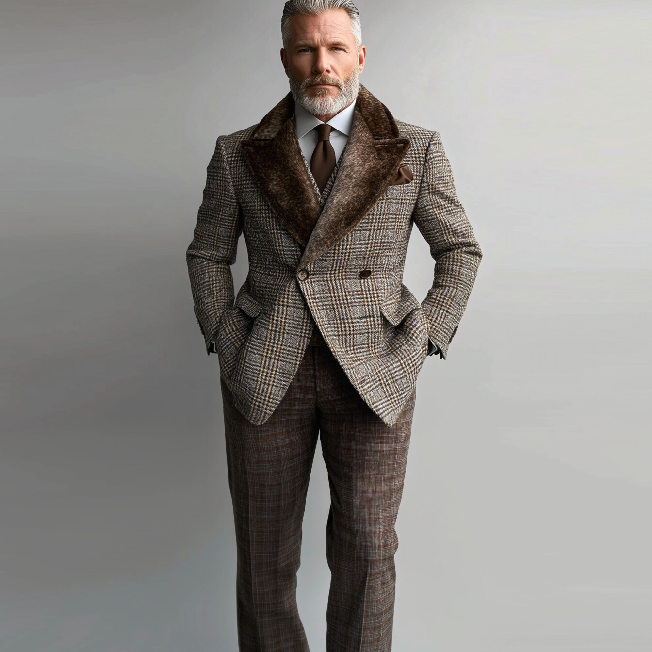 Men's Business Plush Peak Lapel Double Breasted Plaid Print Blazer