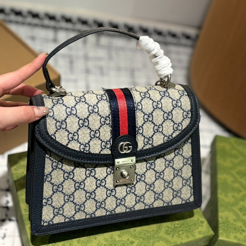 Gucci Ophidia Small Top Handle Bag Beige And Dark Blue 25Cm 651055 96Iwn 4076