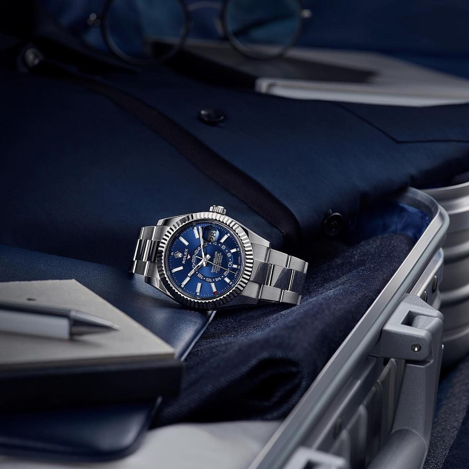 Rolex Sky-Dweller Blue Dial White Gold Bezel Steel Band Men's Watch M326934-0003 Unworn