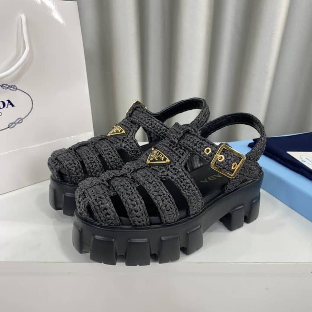 Prada Monolith Crochet Cage Sandals Black 1X138N 3L8W F0002 F 055