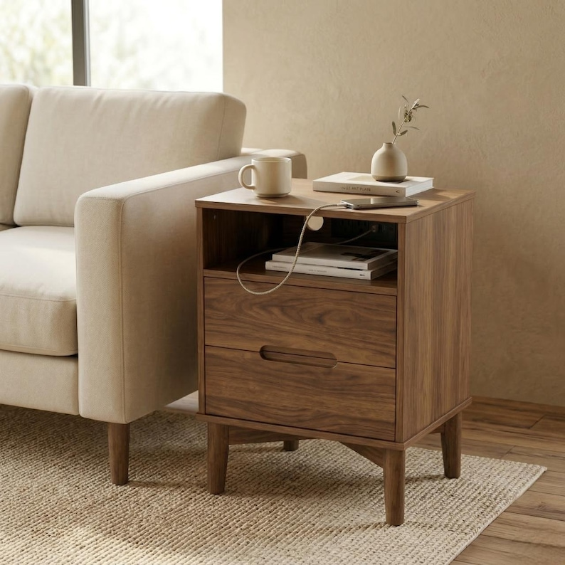 Walnut Nightstand with Charging Station