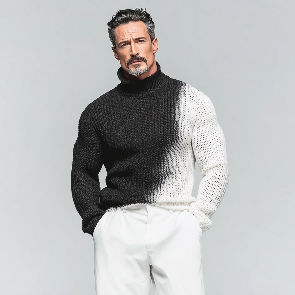 Men's Casual Contrast Color Turtleneck Long Sleeve Chunky Knit Sweater