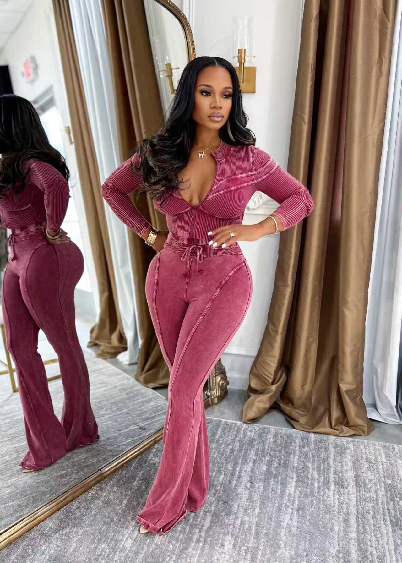 Women Fall Athletic Washed Casual Top and Pant Two-Piece Set