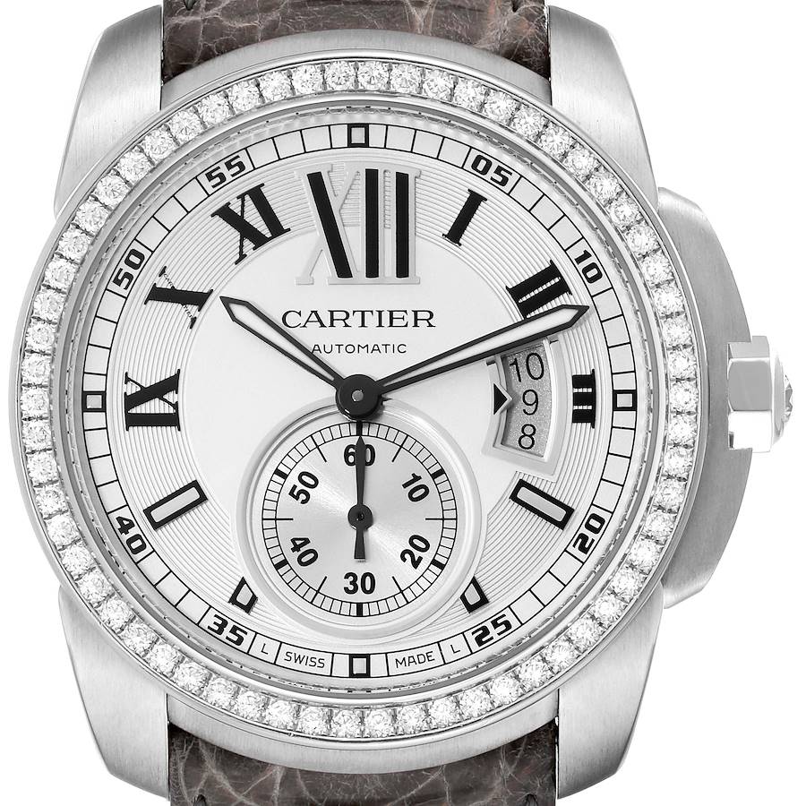 Cartier Calibre Silver Dial White Gold Diamond Mens Watch WF100003