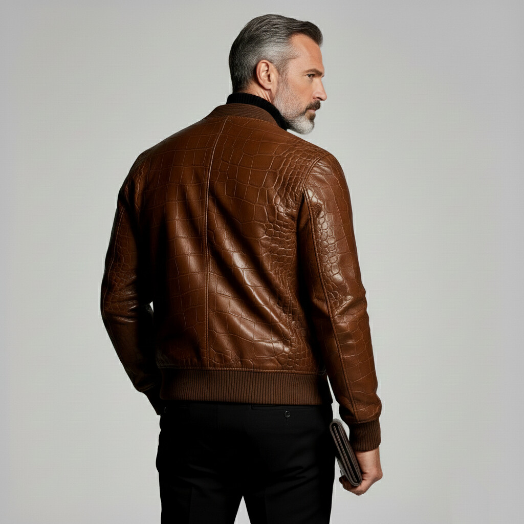 Men's Fashion Crocodile Pattern PU Leather Brown V Neck Long Sleeve Jackets