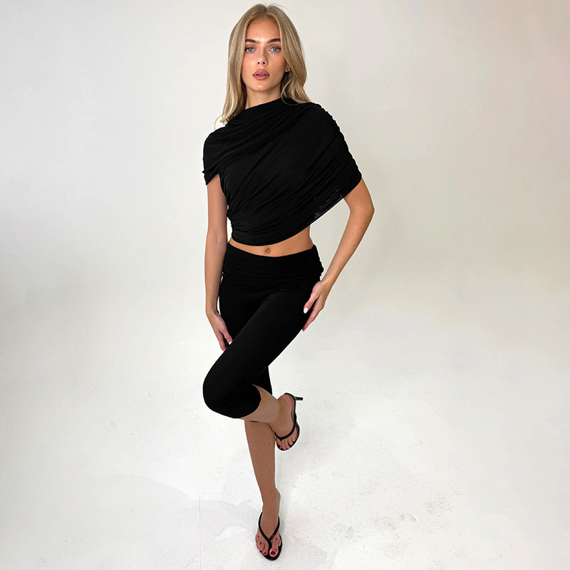 Women Spring Sexy Draped Top and Capri Pants Two-Piece Set