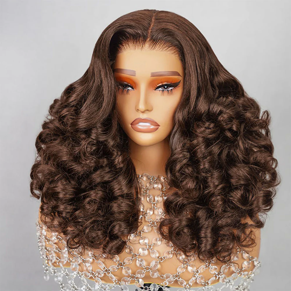 Megalook 6x5 Invisible Knots Glueless & Dark Brown 13x4 Lace Front Wig With Honey Blonde Highlights Bouncy Curl Wigs Realistic Hairline