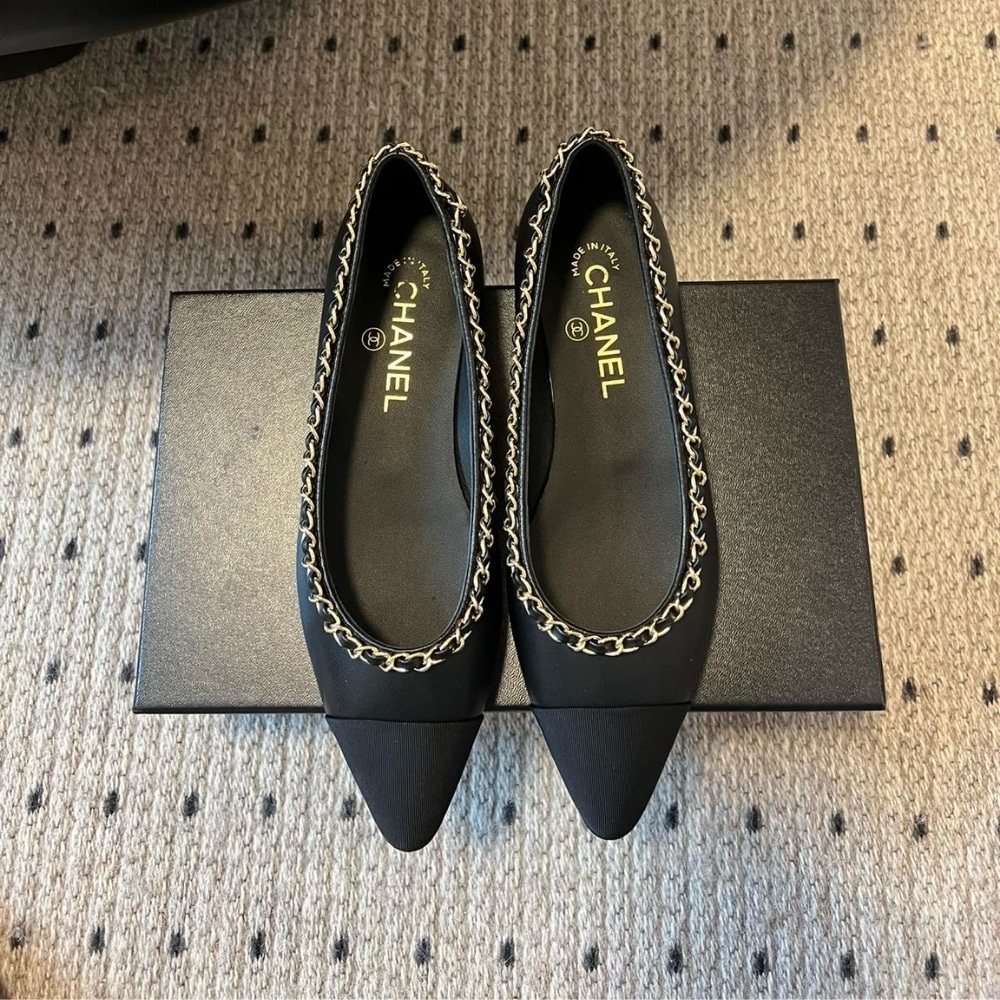 Chanel Leather And Fabric Cc Chain Link Ballet Flats Black