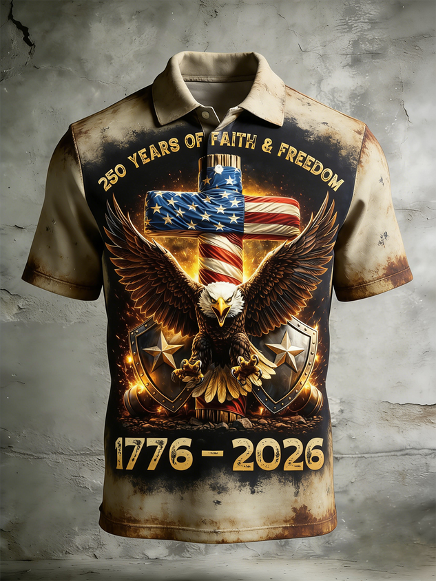 Moisture Wicking 3D Gradient Color 250th Anniversary American Flag Eagle Cross Short Sleeve Golf Polo