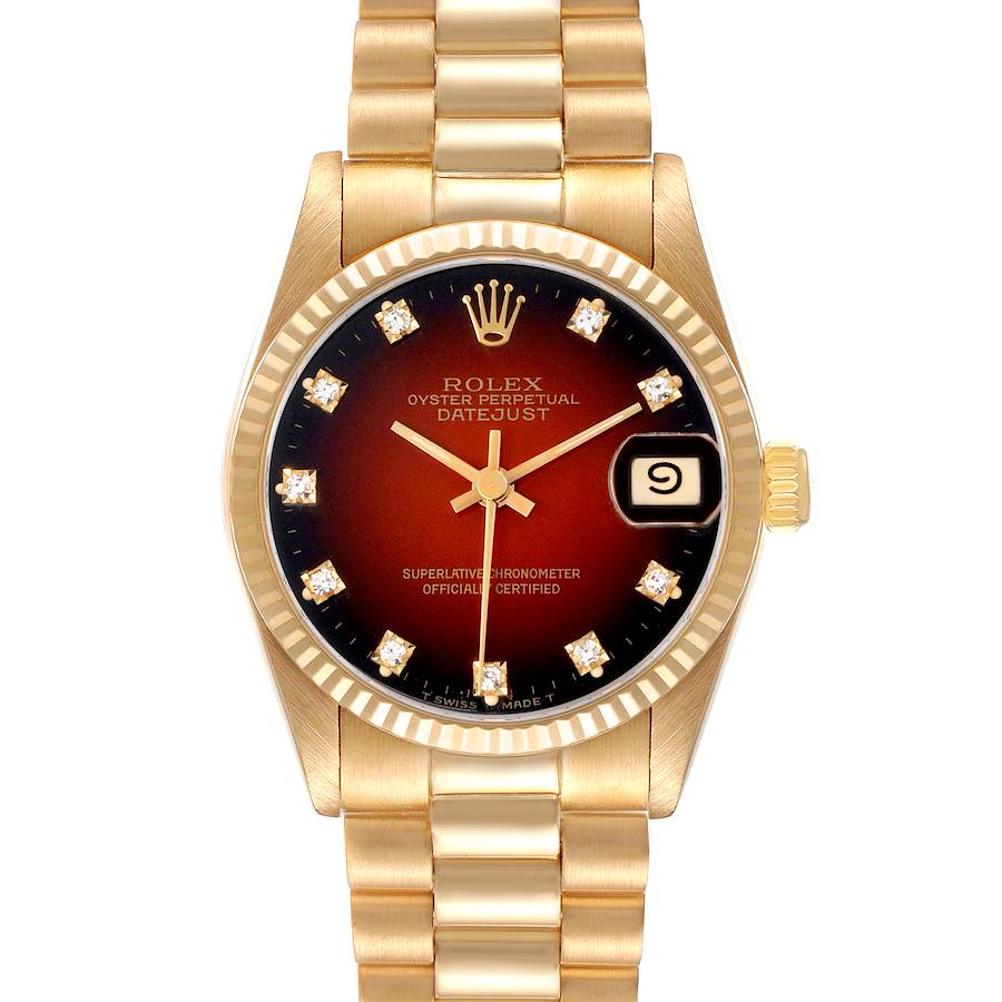 Rolex President Datejust Midsize Red Diamond Dial Yellow Gold Ladies Watch 68278