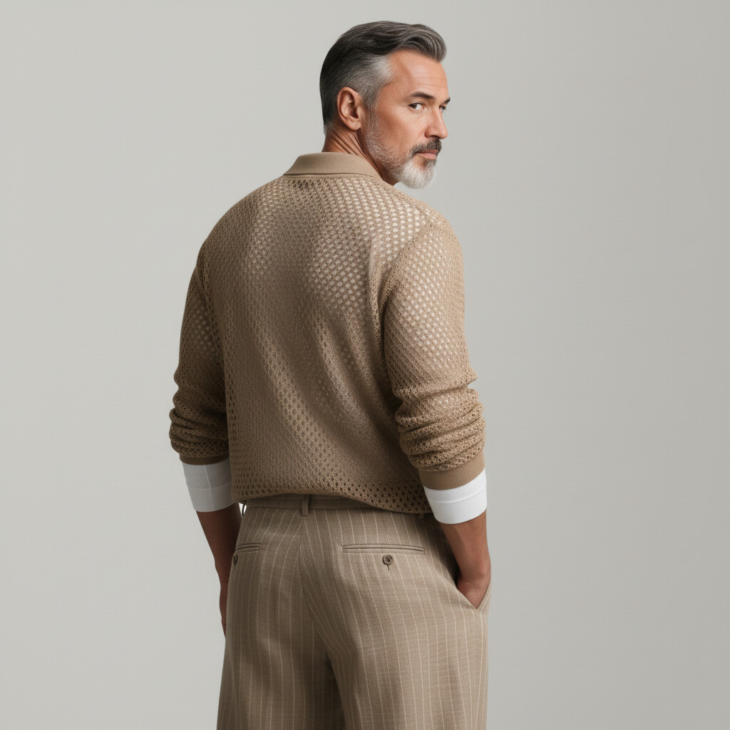 Men's Khaki Mesh Hollow Out Contrast Color Long Sleeve Polo Shirt