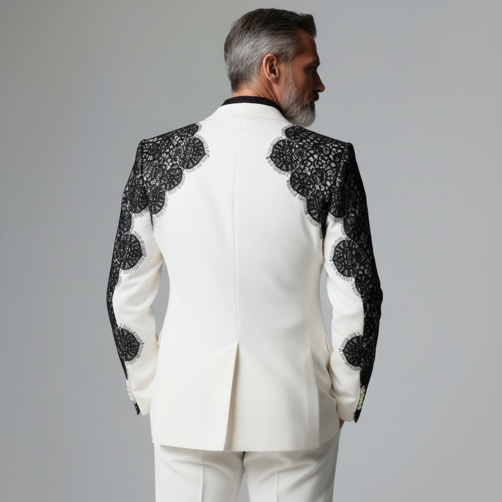 Men's Business Casual Contrast Color Lace Patchwork Peak Lapel Long Sleeve Blazer