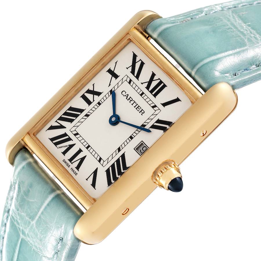 Cartier Tank Louis Yellow Gold Teal Leather Strap Mens Watch W1529756