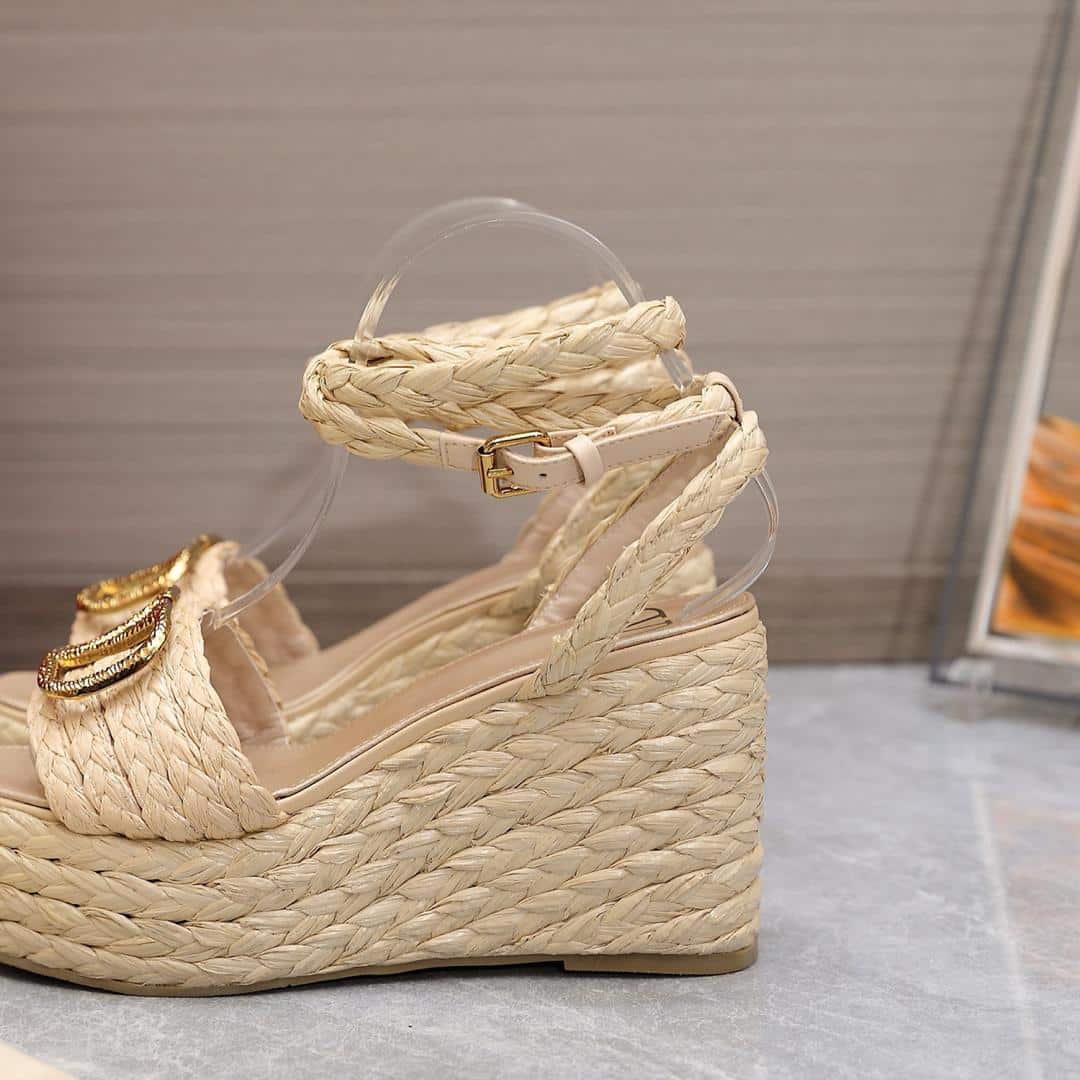 Valentino Garavani Vlogo Raffia Platform Wedge Sandals Natural