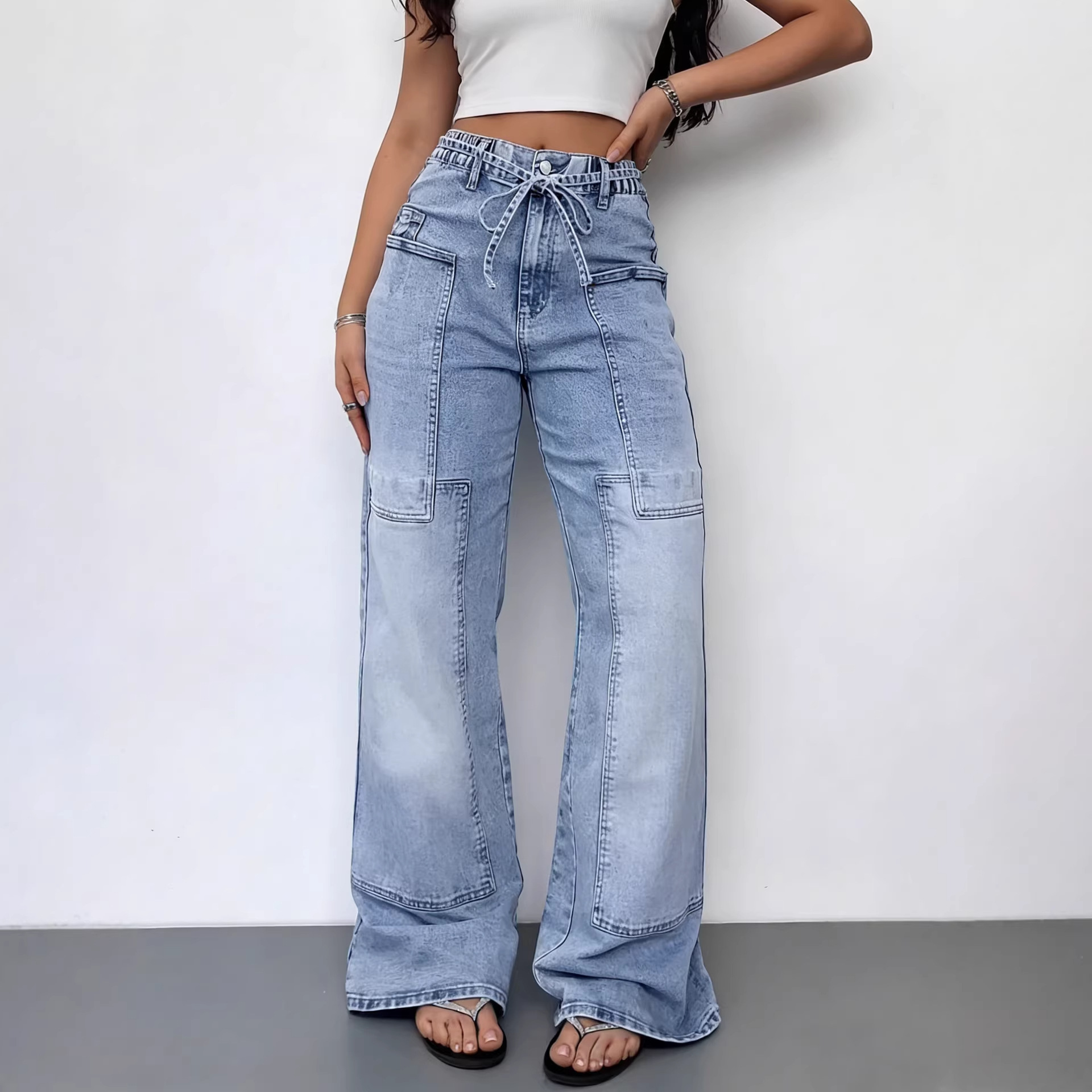Women washed denim wide-leg Pant