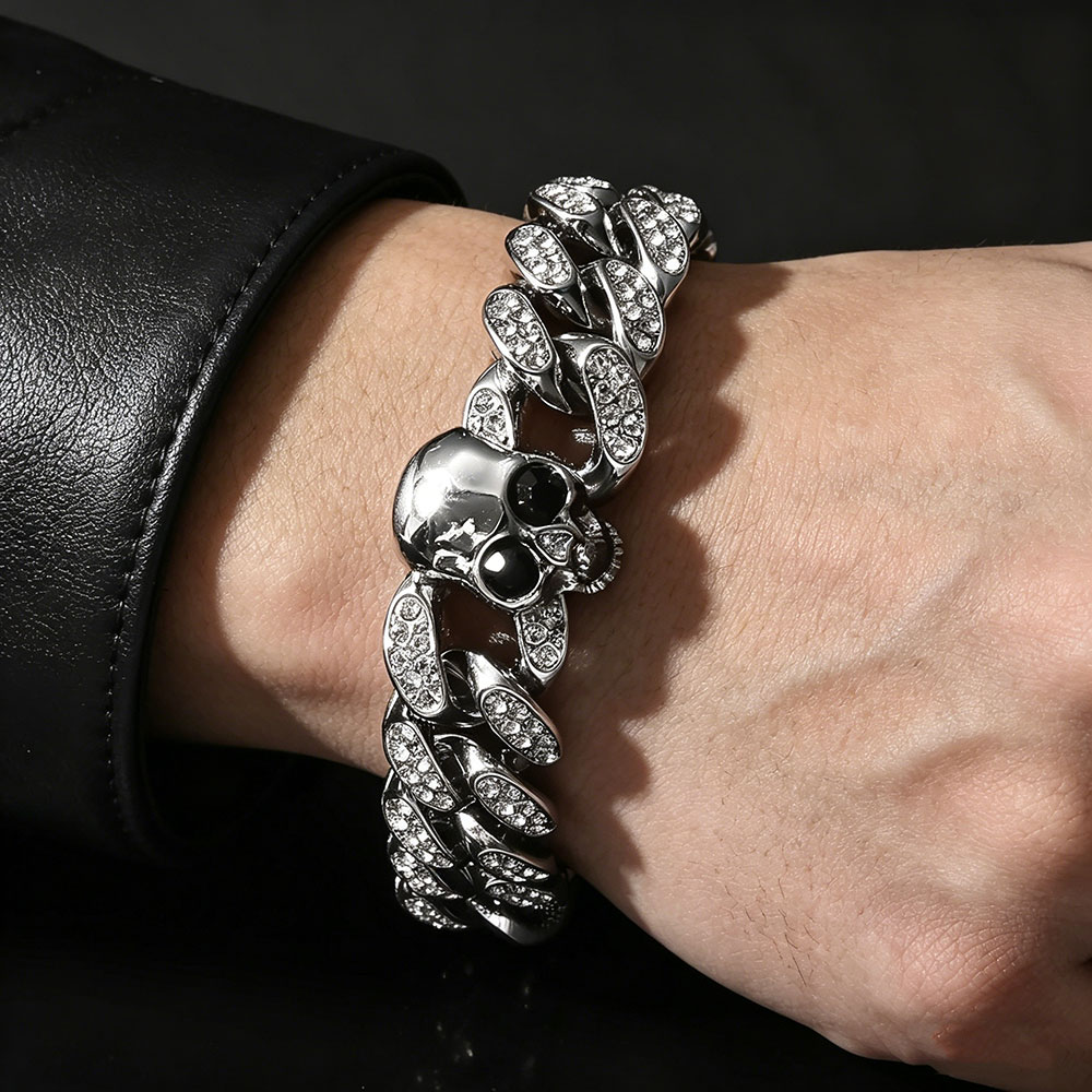 GemVibra Rhinestone Skull Cuban Link Zinc Alloy Bracelet