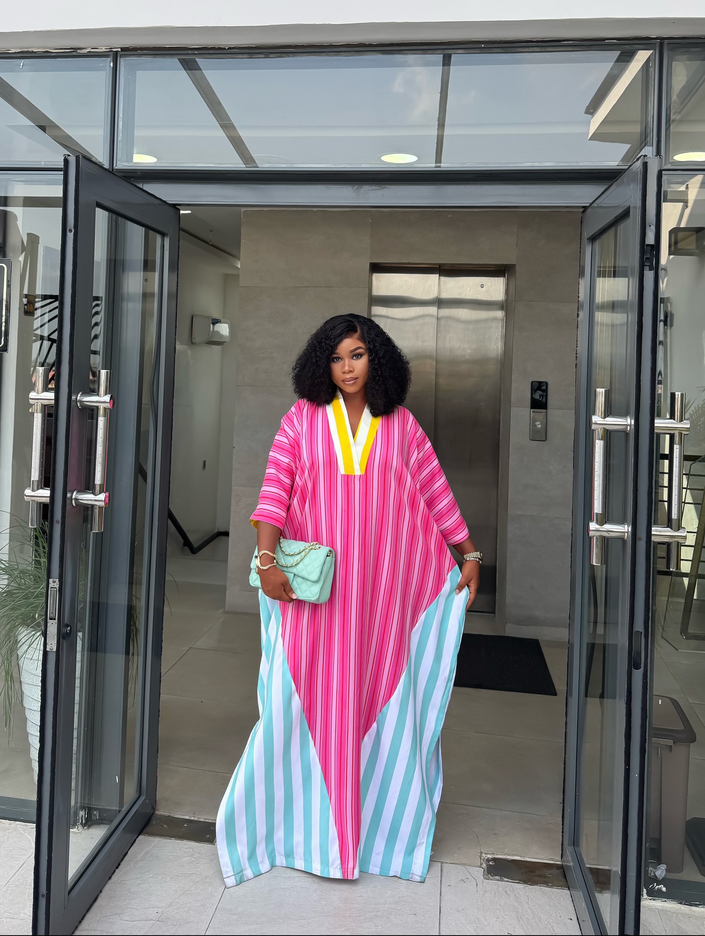 Women African Spring V-Neck Striped Maxi Dress