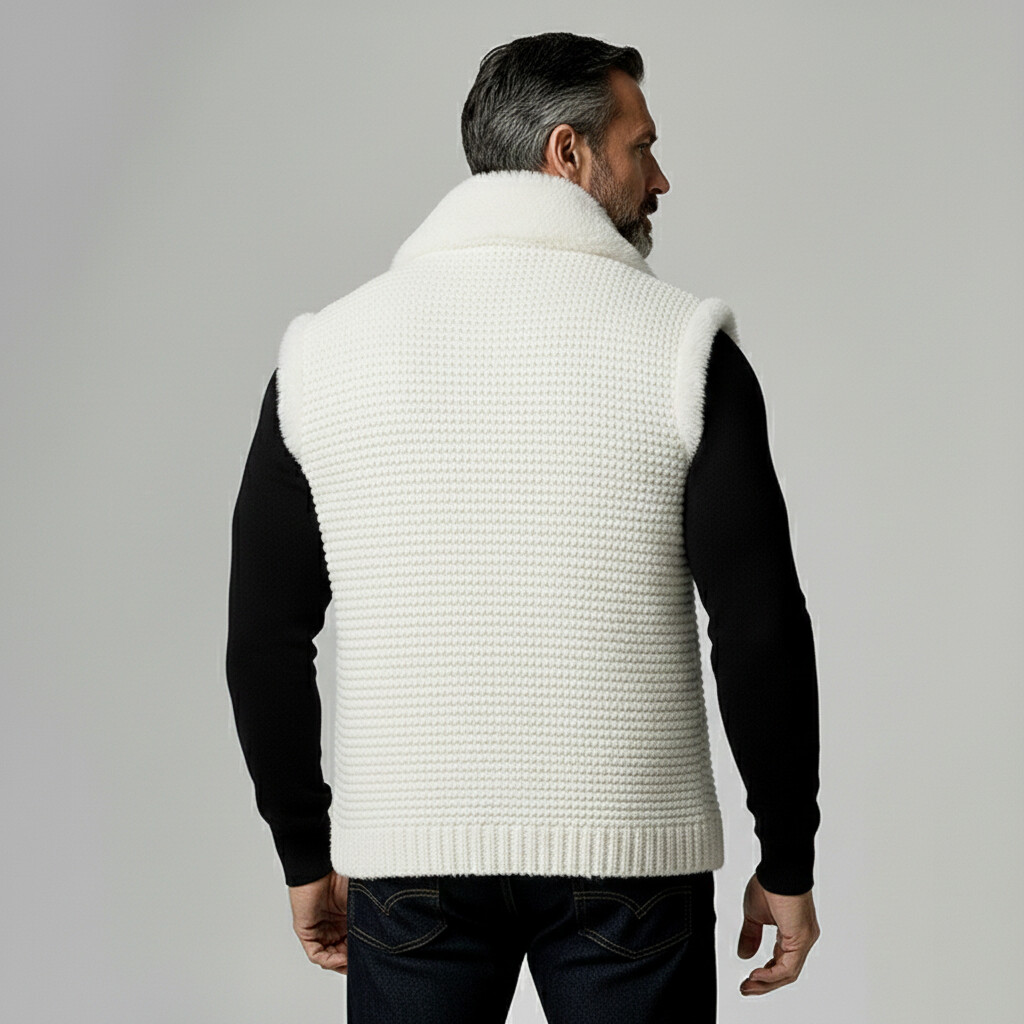 Men's White Fuzzy Trim Turndown Collar Button Sleeveless Knit Vests