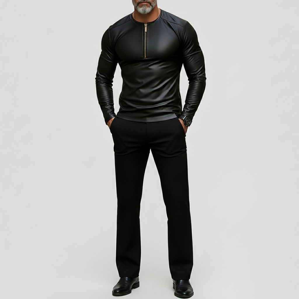 Men's Black PU Leather Round Neck Half-Zip Long Sleeve Henley Shirts