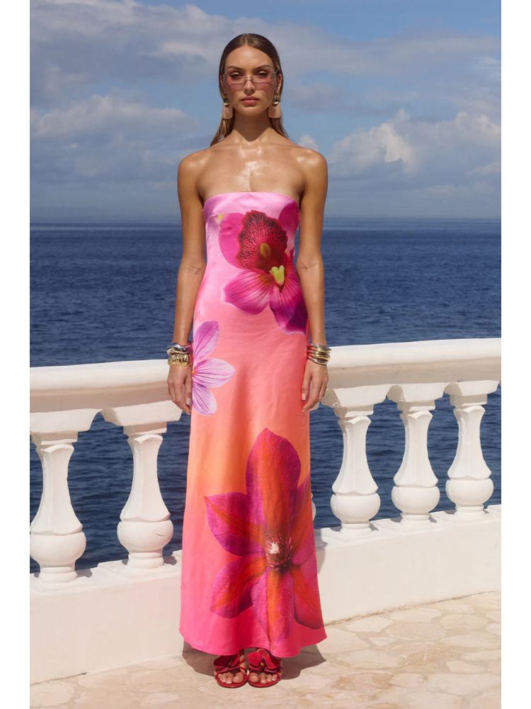 Floral Printed Strapless Fitted A-line Maxi Dress