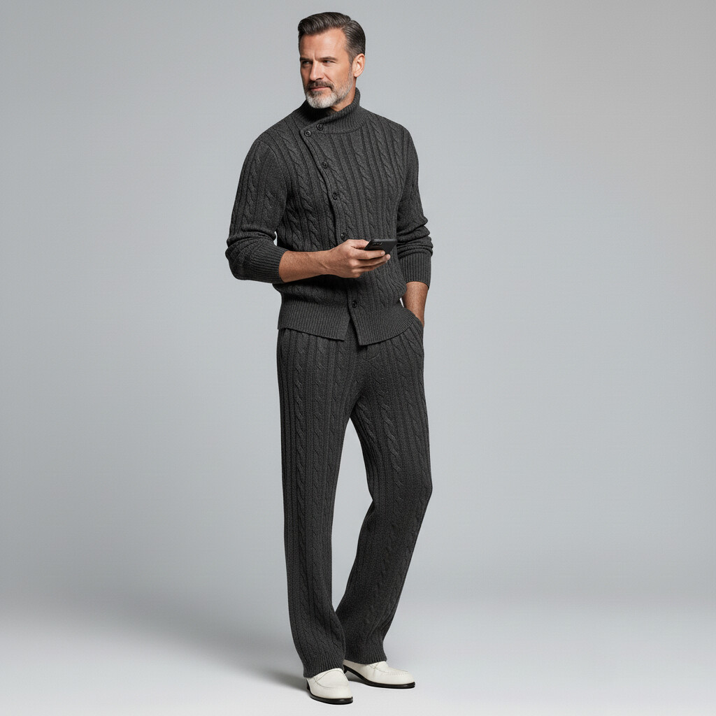 Men's Dark Gray Cable Knit Asymmetrical Button High Neck Long Sleeve Sweater Cardigan & Pocket Pants 2Pcs Set