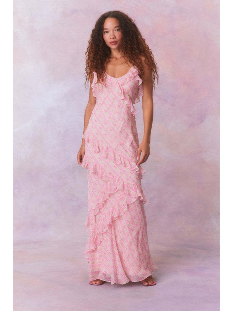 Disty Floral Rippled Edge Sleeveless Maxi Dress