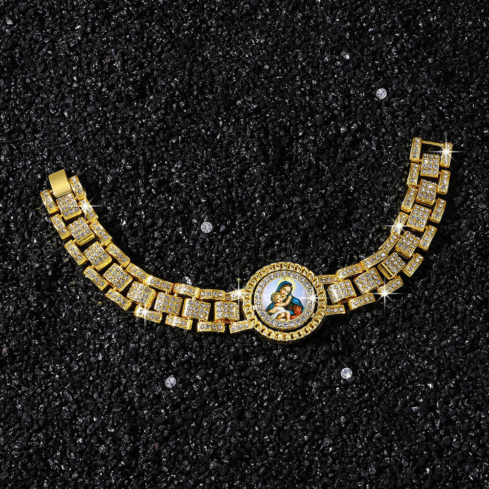 GemVibra Virgin Mary Rhinestone Link Zinc Alloy Bracelet