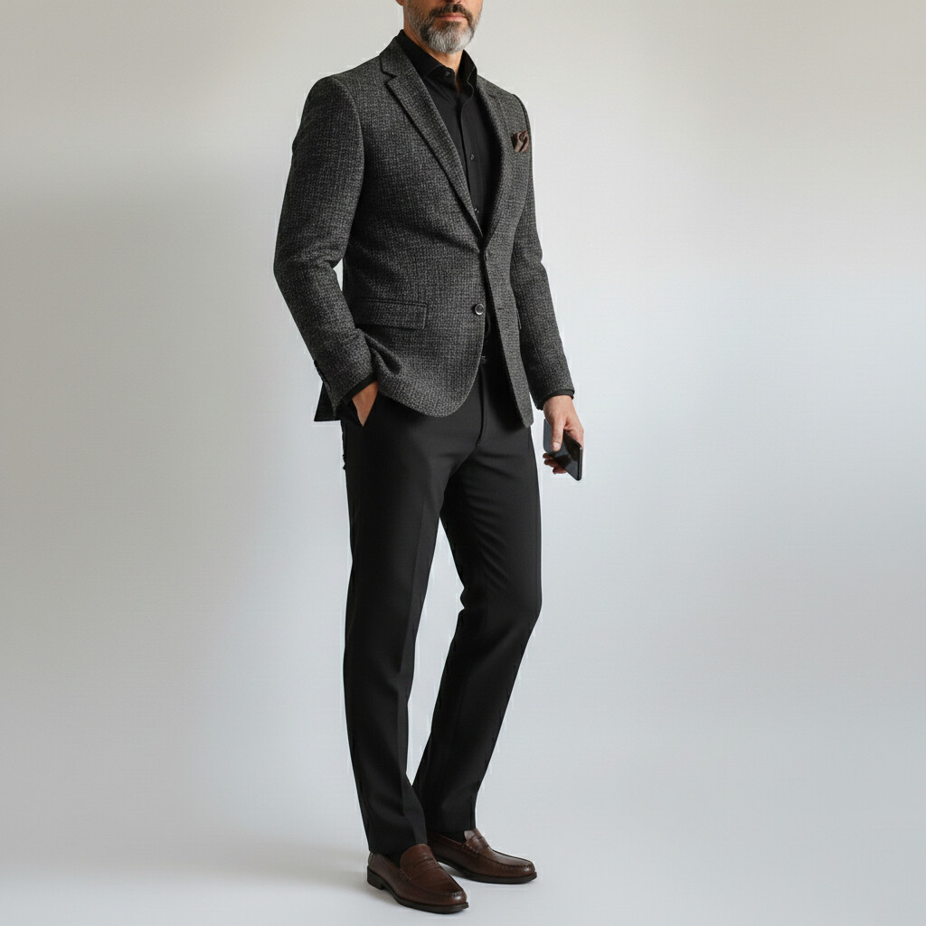 Men's Tweed Notched Lapel Single Breasted Chest Pocket Long Sleeve Blazer