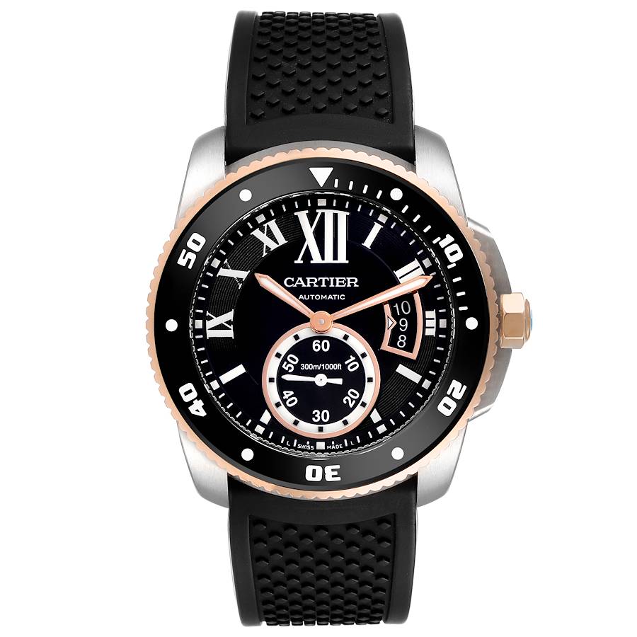 Cartier Calibre Diver Steel Rose Gold Black Dial Mens Watch W7100055