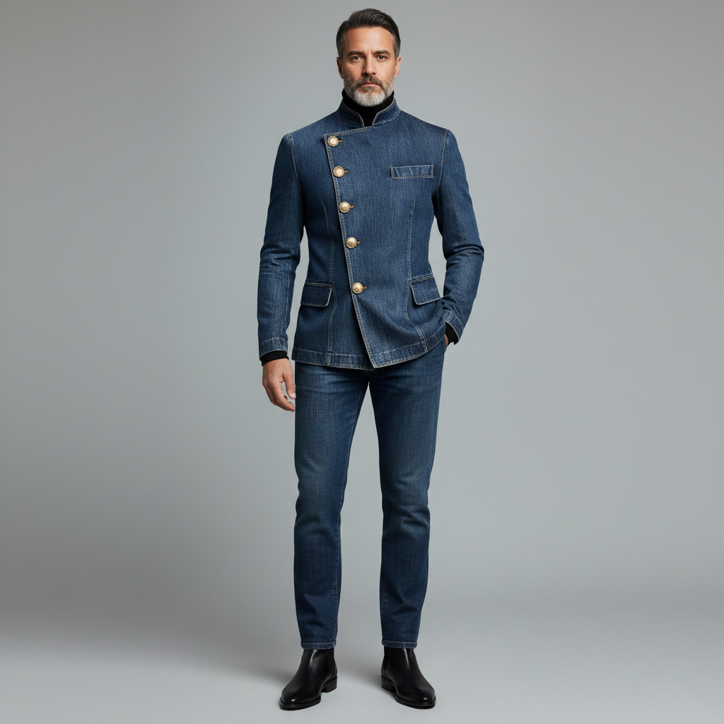 Men's Blue Stand Collar Asymmetrical Button Long Sleeve Denim Jacket