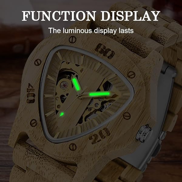 Men's Wooden Watch Triangle Skeleton Automatic Watch Mechanical Wood Watches for Men browm&yellow