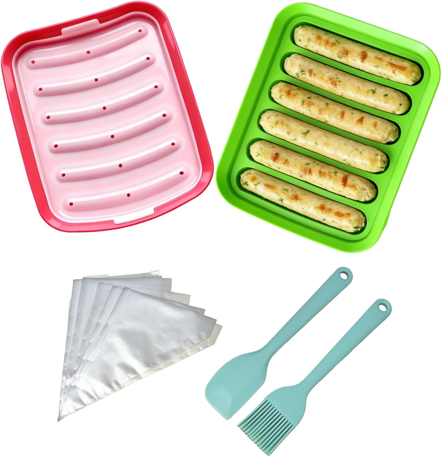 2 Pcs Silicone Sausage Mold with a Set of Silicone Brush Spatula and 25x Pastry Bags,Non-Stick Hot Dog Bun Pan,DIY Handmade Ham Sausage,Hot Dogs Baking Mold for Children's Food with Lid(Red,Green)