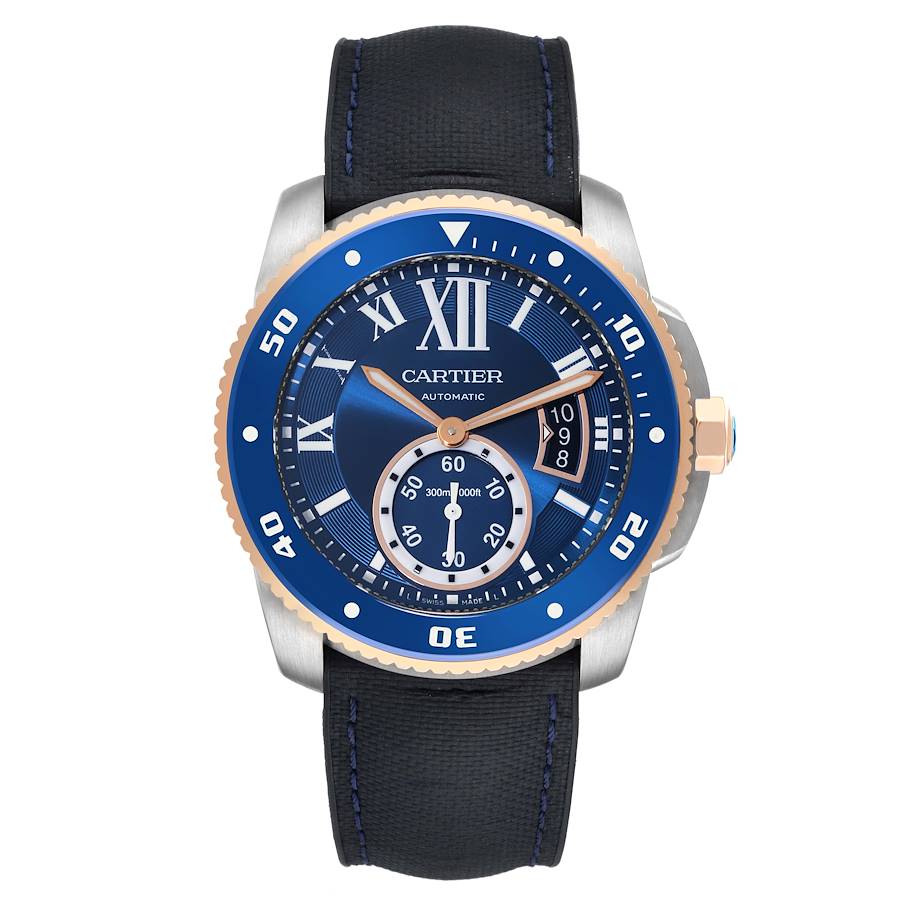Cartier Calibre Diver Steel Rose Gold Blue Dial Mens Watch W2CA0008 Card