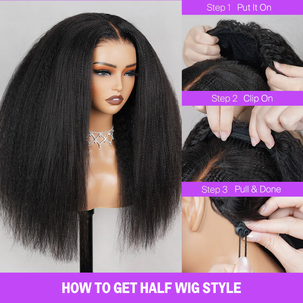 Megalook 3 in 1 Half Wig Glueless Yaki Straight Wigs With Drawstring Natural Black Beginner Friendly