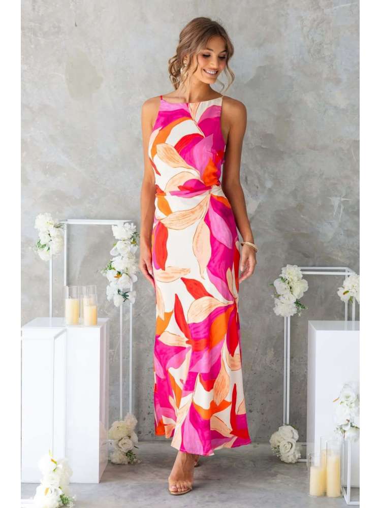 Colorblock Printed Backless A-line Maxi Dress