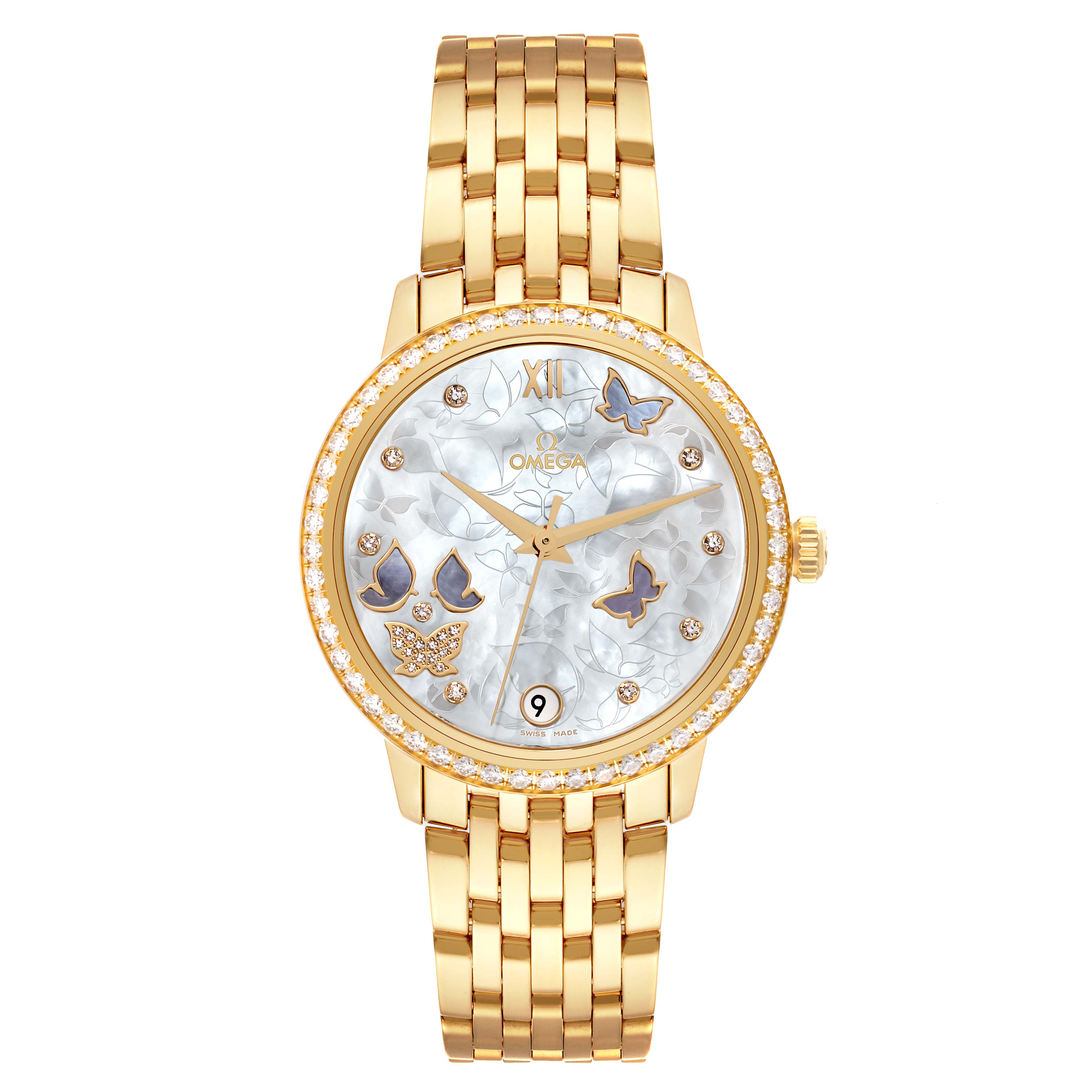 Omega DeVille Prestige Yellow Gold Mother of Pearl Diamond Ladies Watch 37.6 MM 424.55.33.20.55.005