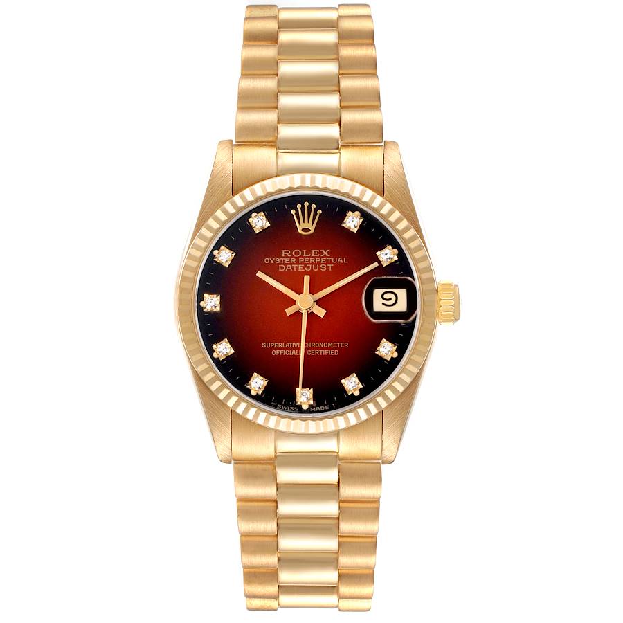 Rolex President Datejust Midsize Red Diamond Dial Yellow Gold Ladies Watch 68278