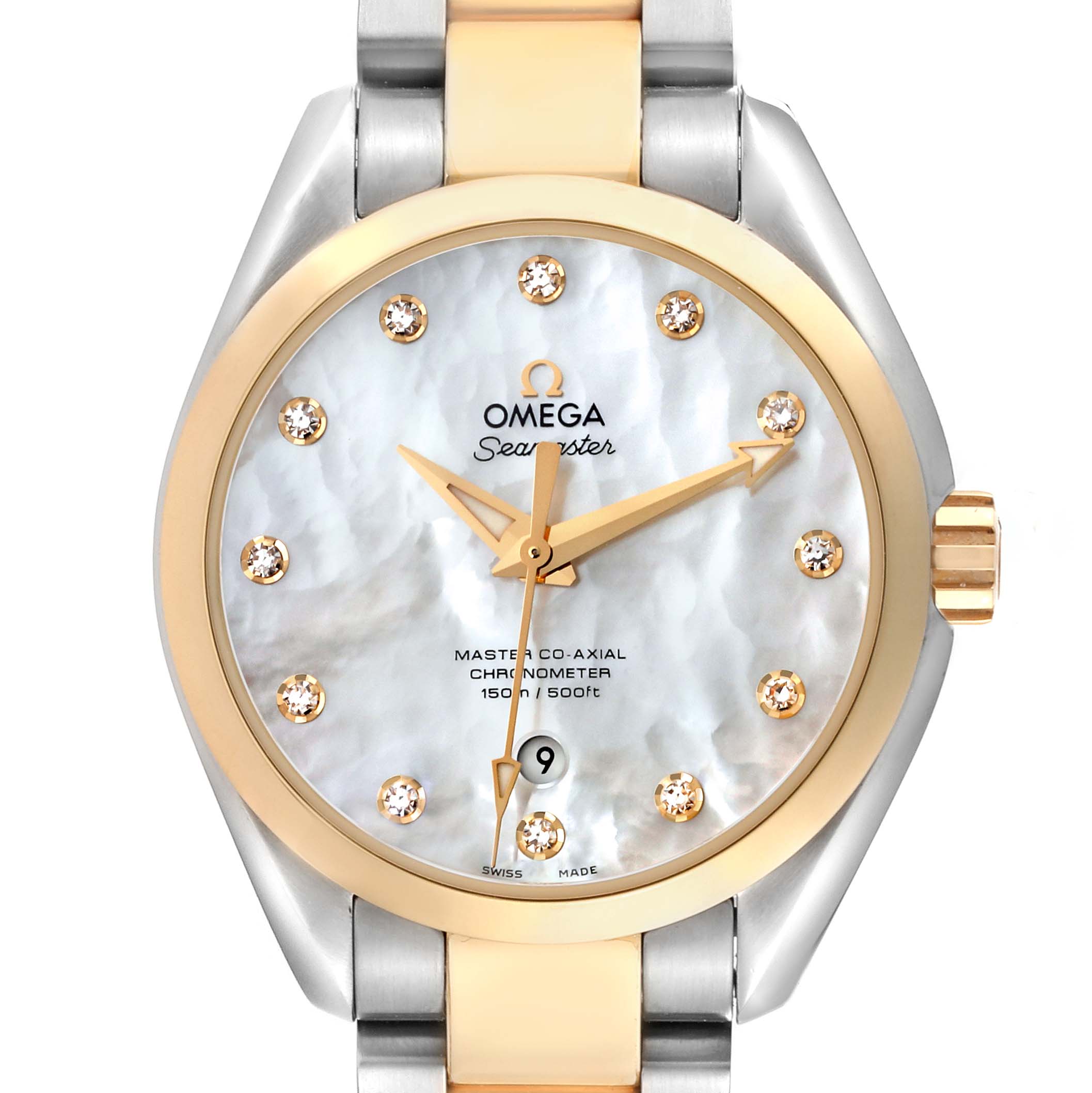 Omega Aqua Terra Steel Yellow Gold Mother of Pearl Diamond Dial Ladies Watch 34.0 MM 231.20.34.20.55.002