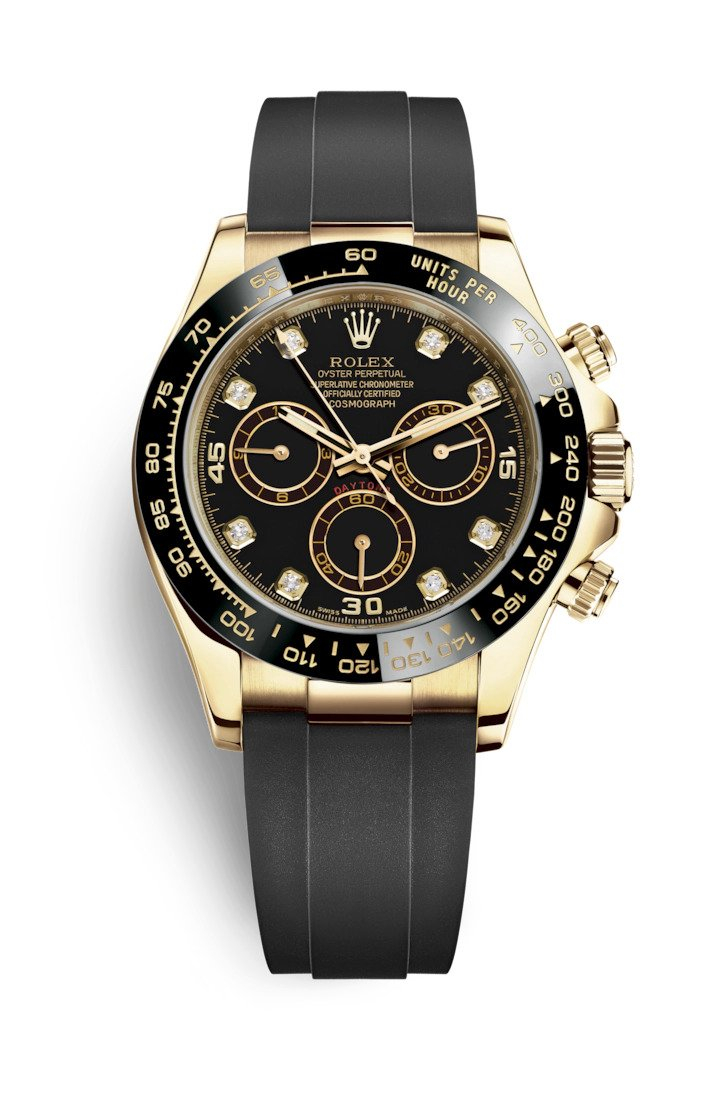 ​Rollie-The Crown Daytona Yellow Gold Black-Diamond Oysterflex Strap 116518LN-0046