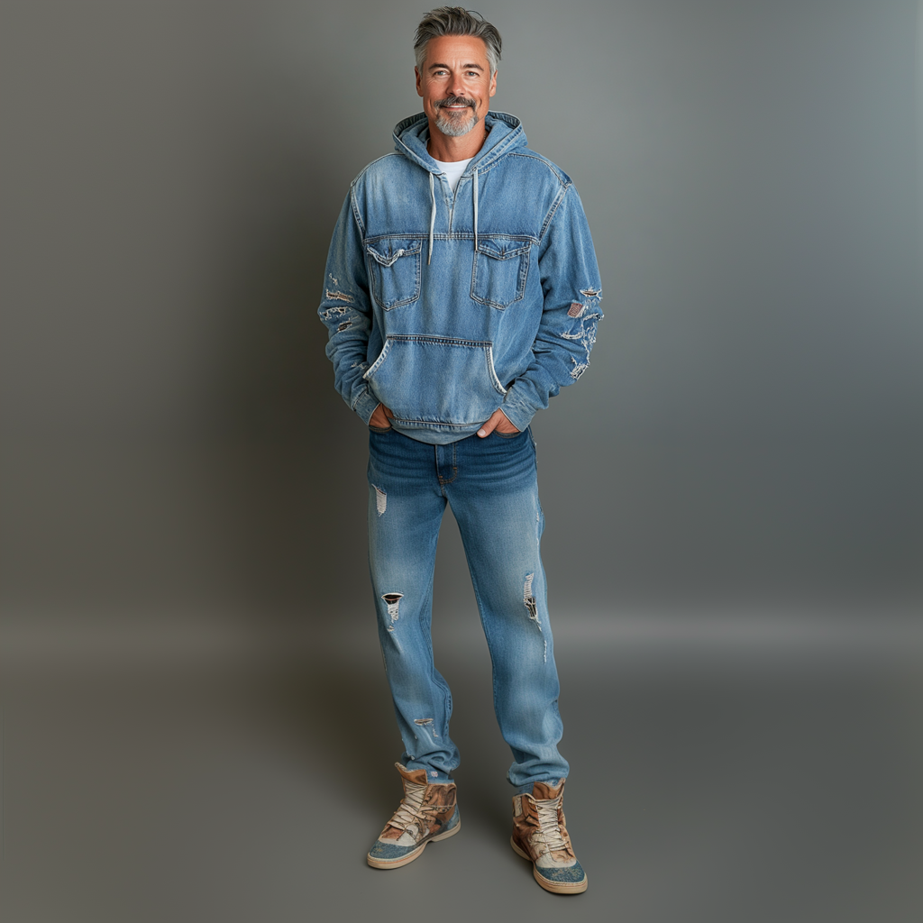 Men's Denim Ripped Flap Pocket Long Sleeve Drawstring Hoodie