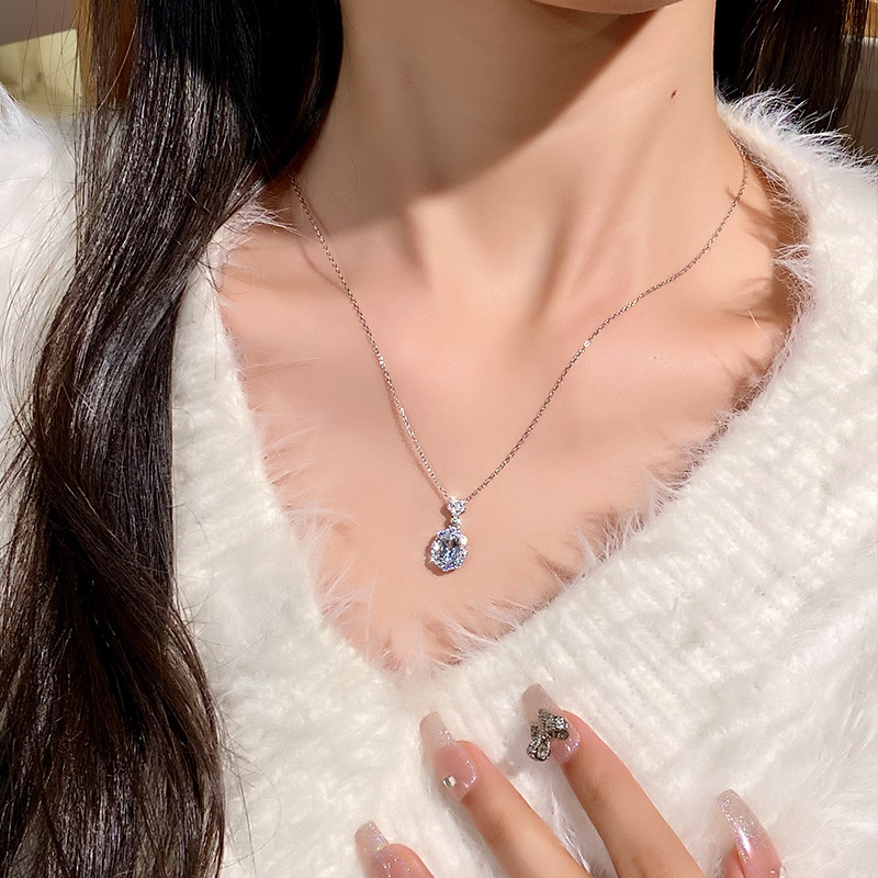 GemVibra Aquamarine Halo Pendant Necklace, S925 Silver with Rhinestone Accents