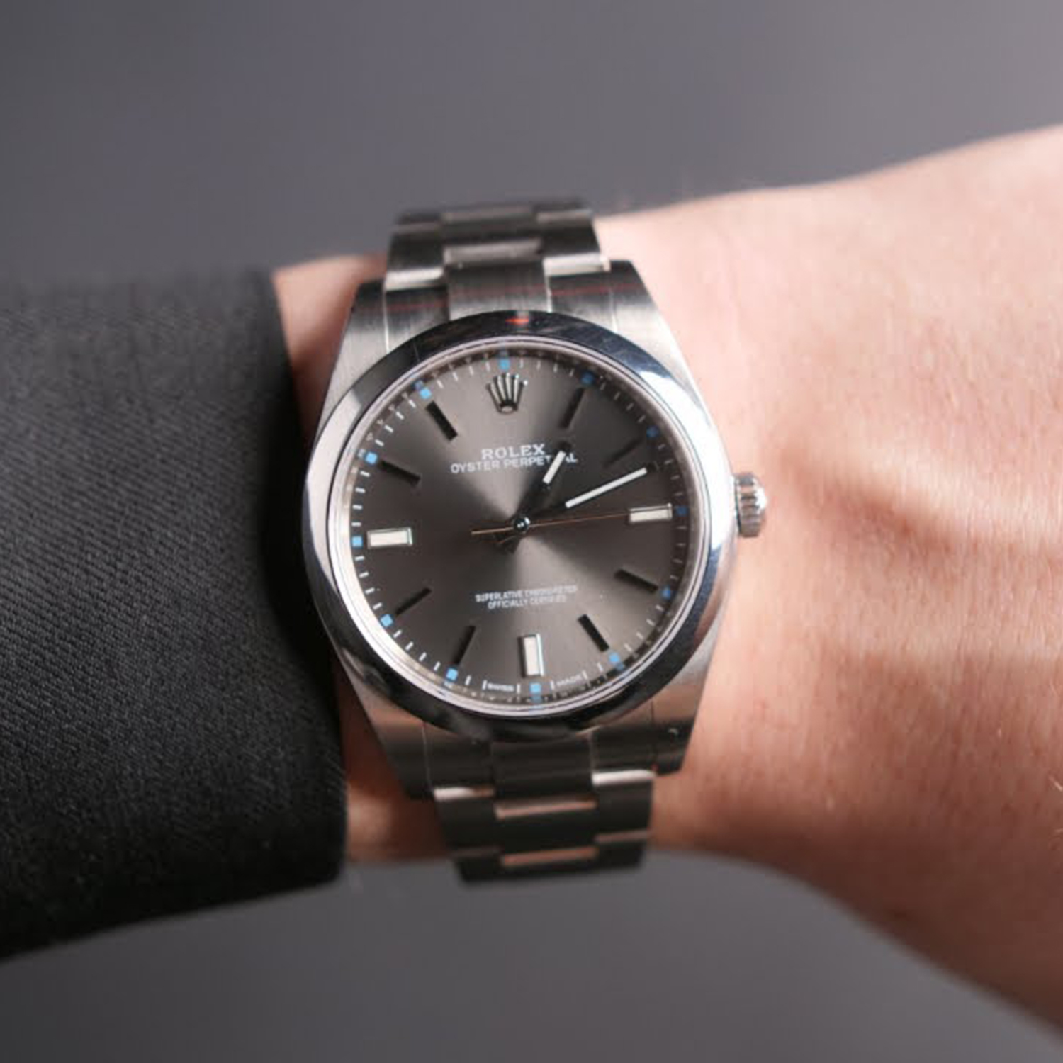 Rolex Oyster Perpetual 39mm Dark Rhodium Dial Watch 114300-0001