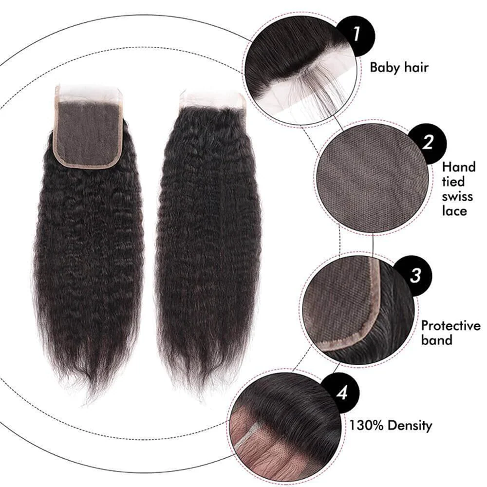 Megalook 12A Grade Human Hair Yaki Straight Bundles With 5x5 Closure Brazilian Remy Human Hair 3 Bundles With Swiss Lace Closure Natural Black