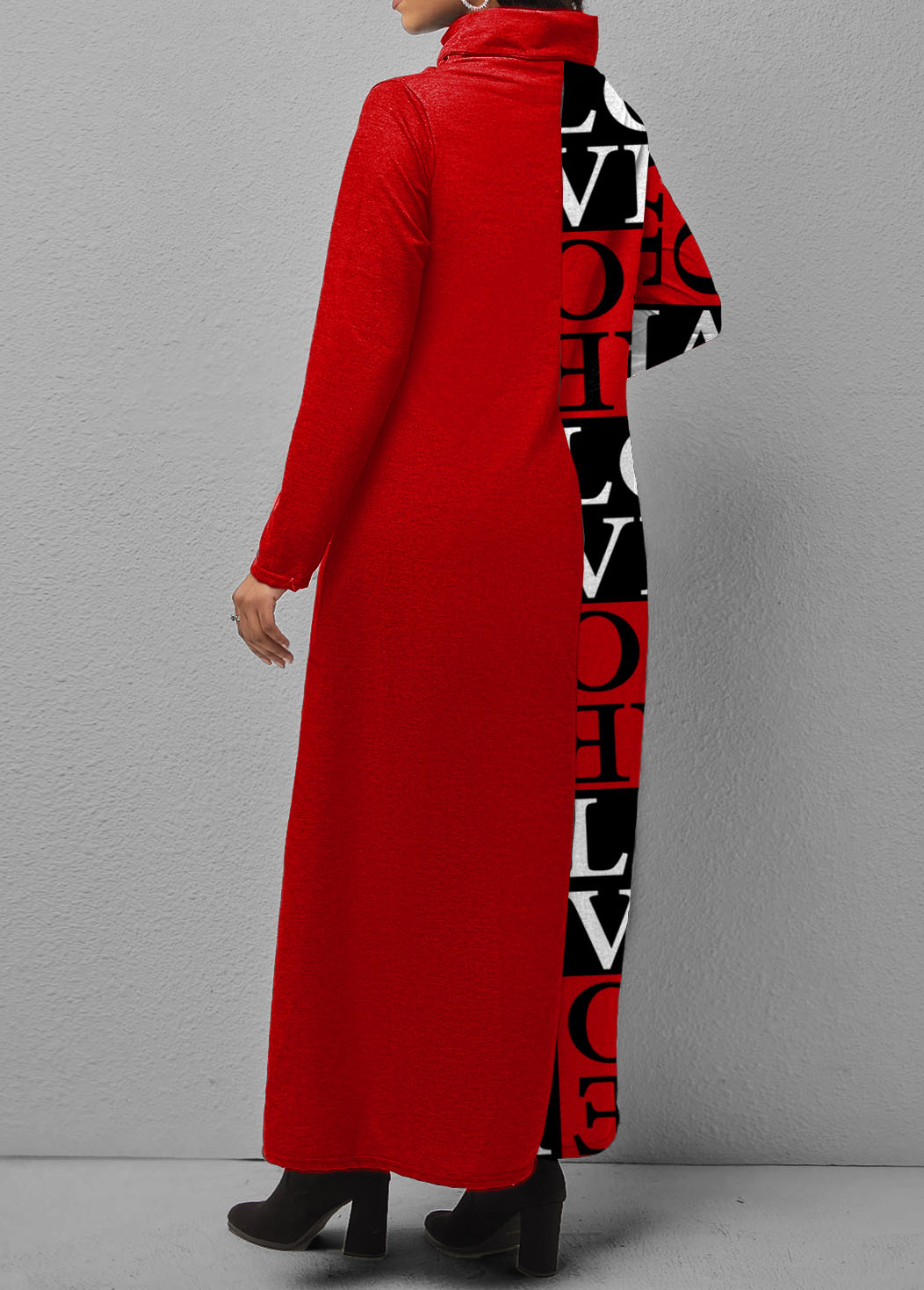 Letter Print Turtleneck Dip Hem Dress